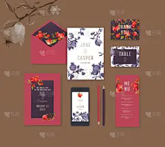 与石榴石设计，身份，品牌模板的婚礼固定。采购产品纸信封,菜单,邀请函,谢谢你和客人的名片,手机和铅笔