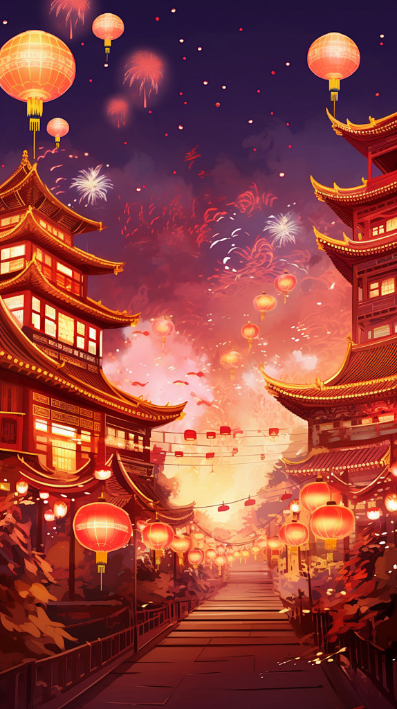 古风建筑灯笼建筑背景新年背景素材图片