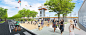 Rendering of one of the plazas with people walking, biking, and flying kites