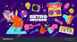 Set cartoon disco stickers in retro style. Vintage record players, vinyl, musical instruments, rocker character. Hippie groovy music shapes