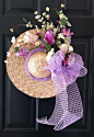 Easter Wreath Straw Hat Spring Wreath Lavender and Cream Floral Wreath with Lavender Deco Mesh Bow LIMITED EDITION: 