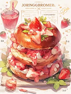 美食手帐插画明信片素材分享-草莓甜甜圈 - 小红书