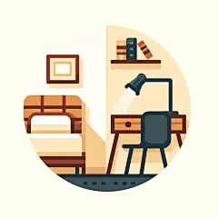 A flat style icon with no outlines depicting a corner of a room. One side features half of a bed visible, while the other side shows a desk with books and a desk lamp on it. In front of the desk is a modern-style chair. The overall color tone is warm. The