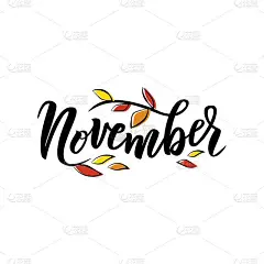 11月的文本。手写字体排版与明亮的秋天树叶。矢量插图作为海报，明信片，贺卡，邀请模板。11月广告概念