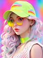 Realistic 3d cartoon style rendering, girl, summer trend fashion clothing, candycolor clothes, new pop portrait, fashion illustration,vibrant colors, neon realism, made by POP-Mart, glossy and delicate, clean background, 3d rendering, OC rendering，8K
