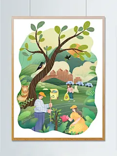 No.32扁平风植树节插画，治愈小场景 - 小红书