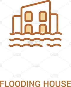 房屋,水灾,两只动物,成一排,概念,简单,计算机图标,白色,轮廓,自然
