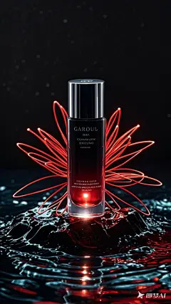 壁纸 ，1个护肤品， 一个由红色线条构成的全息绽放图像,视觉,水下隐藏着五分之四。整体呈现黑红色调,背景为纯黑色。采用极简主义风格,给人高端感,超高清  8k (1)