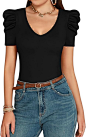 MANGOPOP Women&#39;s Bodysuit Deep V Neck Puff Short Sleeve Slim Fit Body Suits Casual Blouse Tops Elegant