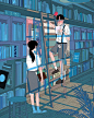 【韩国插画家Myeong-Minho插画作品欣赏】—— 在图书馆的一角，我就这样与你相遇，四目相对，怦然心动，注定了余生皆要与你同行。其实，一直很想告诉你，我对你是一见钟情。