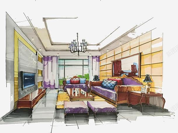 马克笔手绘客厅效果图 平面电商 创意素材