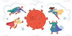 平面卡通超级英雄人物抗击冠状病毒，防冠状病毒病媒插画概念