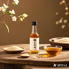 一瓶芝麻油放在桌子前面，以产品摄影的风格呈现，相机平视，背景 为棕色，整体明亮阳光，芝麻花和树枝(2颗芝麻、一些芝麻粒、一碗透明的芝麻油)，柔和的光线，广告 海报，电商照片，产品详情