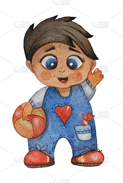 孩子的插图。可爱和微笑的小男孩在工装裤与一个球。水彩。手绘。在白色背景上隔离