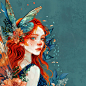 蓝色背景中的红发仙女，由 joaramisonshenker 在 stocksy united 创作，风格为时尚插画、浅橙色和翠绿色、女性贴纸艺术、花朋克、迷人动漫人物、逼真的人体描绘、宝石