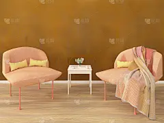 在日光下的一个房间的3D渲染，与橙色青铜手绘墙和现代设计师沙发椅子，颜色为粉红色-橙色