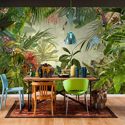 东南亚风格手绘热带雨林芭蕉叶壁纸壁画餐厅...