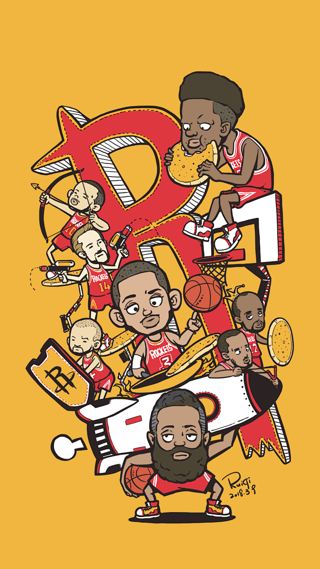 ai插画适量插画线稿黑白插画手绘q版火箭队哈登保罗阿里扎卡佩拉