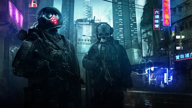 科幻 - 战士战士武器城市霓虹灯壁纸
