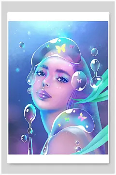 美人鱼手绘萌宠插画