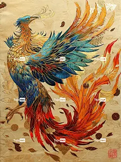 金橙红蓝凤凰，镀金，流动的火焰中国刺绣工艺海报
