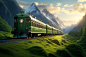 绿皮火车行驶的火车路过风景摄影图