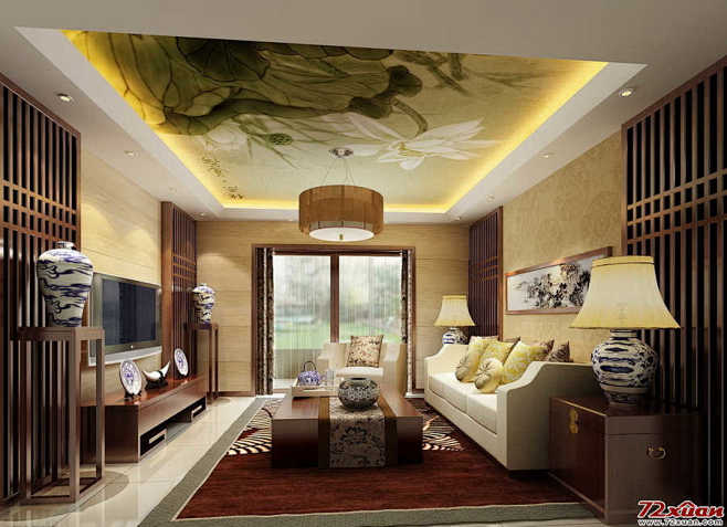 【新中式 此间的华丽客厅电视柜、吊顶、黄...