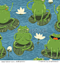 Seamless pattern with cute hand-draw frogs and waterlily in a on the pond  on cartoon style on blue background. Vector children illustration.