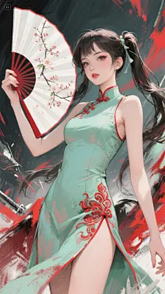 jimeng-2025-05-27-592-手绘厚涂草稿，快速草稿，极其粗糙的草稿，画面完成度非常低，具有强烈笔触质感的一位手持白底红边淡雅花枝折扇的年轻女子，双马尾少女梳着精致妆容，浅绿主调的改良