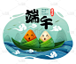 端午节粽子卡通人物在叶船上浮在水面上。翻译-端午节，农历五月初五。