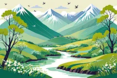 山峰春季植物绿色插画背景图