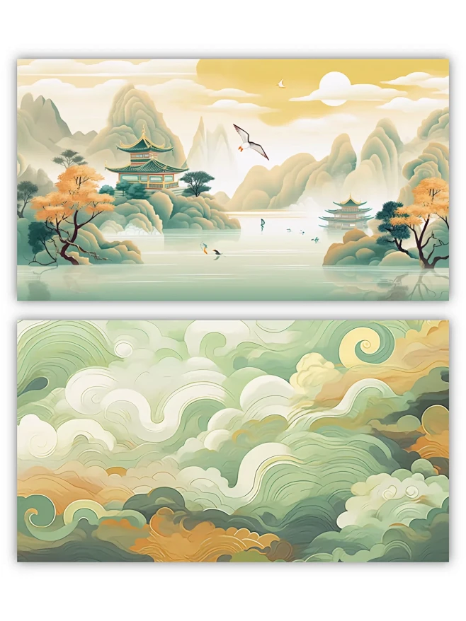 中国风山水国潮仙鹤|祥云插画背景素材分享