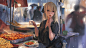 Anime 1600x900 anime girls anime girls eating original characters blonde bangs long hair looking away shirt food outdoors rain street depth of field portrait light bulb anime artwork digital art drawing illustration 2D Taejune Kim