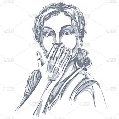 单色矢量手绘图像，震惊年轻女子。黑色和白色的插图惊讶的女士把她的手靠近嘴。