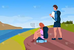 旅行者,男人,女人,徒步旅行,河流,背包,伴侣,地形,户外,季节