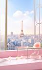 a pink box with flowers in it, white curtains，in the style of grandiose cityscape views, the Eiffel Tower in the city，anime inspired, glass as material, soft and dreamy atmosphere, spectacular backdrops, playful details, spatial concept