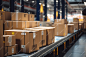 Cardboard boxes on a conveyor belt in warehouse