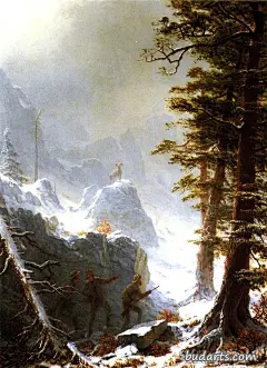 三个猎人在暴风雪中跟踪一只大角羊