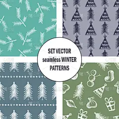一套无缝矢量图案与可爱的手绘冷杉树，礼物，心，弓，圣诞玩具。冬季季节背景图形插图。