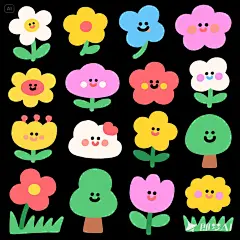 jimeng-2025-05-06-884-可爱卡通彩色手绘简笔画，趣味小表情，各种形状的小花、小树、小草合集，撞色鲜艳，完整