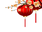 红色简约古风新年元旦牛年桃花树枝挂灯笼新年元素PNG素材