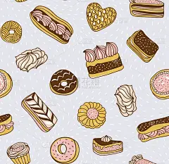 手绘矢量背景与蛋糕，饼干和其他糖果。无缝图案与甜点。