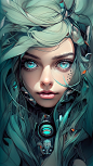 Beautiful Cyberpunk Female Mad Space Pirate Captain, in the style of jojos bizarre adventure and Alex grey, Green Hair, Mystical