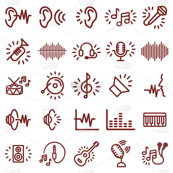 声学，音乐和声音 - 最小的细线网络图标集。简单的矢量插图。信息图网站或应用程序的概念.