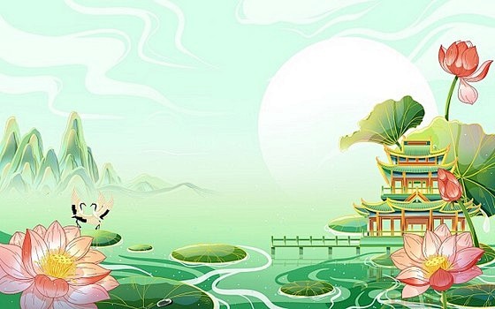 国潮背景手绘荷花插画绿色仙鹤荷塘建筑山水...