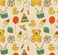婴儿玩具无缝背景  - 源文件下载【酷图网】泰迪熊,玩偶,跳绳,积木,鸭子玩偶,奶瓶,eps,ai,矢量,高清图片,素材,