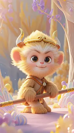 毛茸茸的萌系可爱的孙悟空手拿金箍棒