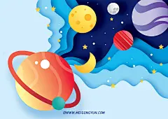 扁平化剪纸宇宙星空星球月亮折纸效果矢量插图-设计元素-美工云(meigongyun.com)
