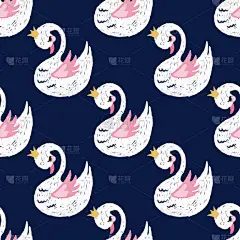 无缝模式与可爱的小公主天鹅。卡通手绘矢量插画. 