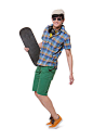 时尚,快乐,摆拍,微笑,耳机_86ba662bb_拿着滑板跳跃的年轻男士_创意图片_Getty Images China